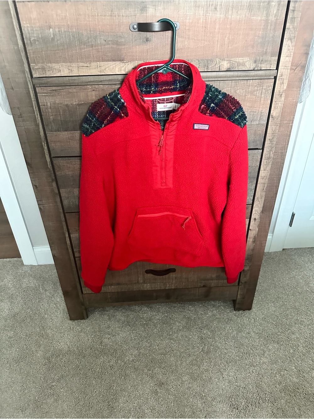 Vineyard Vines Red Quarter-Zip Fleece with Plaid Shoulder Accents